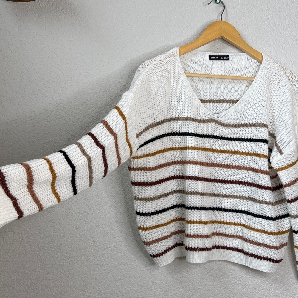 SHEIN Sweater Stripped V Neck Cream White size Medium - Picture 6 of 9